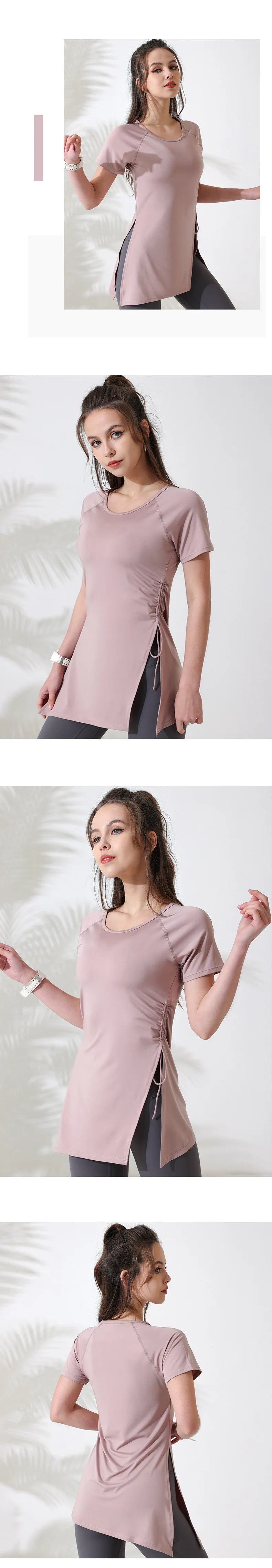 Women Workout Shirts Short Sleeve Yoga Top Gym Long Shirts Side Drawstring Split Sports Top Female Breathable Fitness Yoga Wear