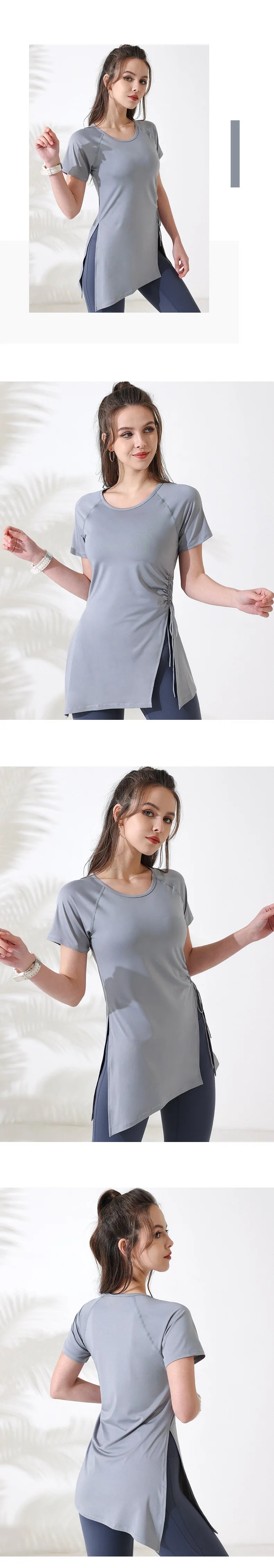 Women Workout Shirts Short Sleeve Yoga Top Gym Long Shirts Side Drawstring Split Sports Top Female Breathable Fitness Yoga Wear