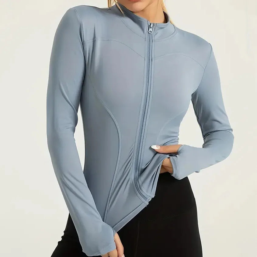 Women's Zip-Up Running Jacket Lightweight Stretchy Running Track Jacket with Thumb Holes, High Neck, Breathable Yoga Sportwear