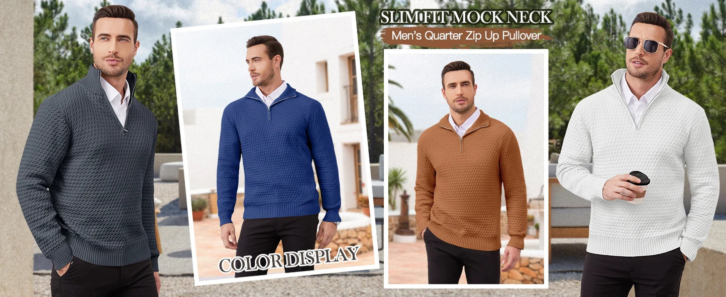Men's Sweater Winter Casual Knitted Zip Sweater Mock Neck Pullover Ribbed Knit Casual Pure Color Soft Sweaters US Size