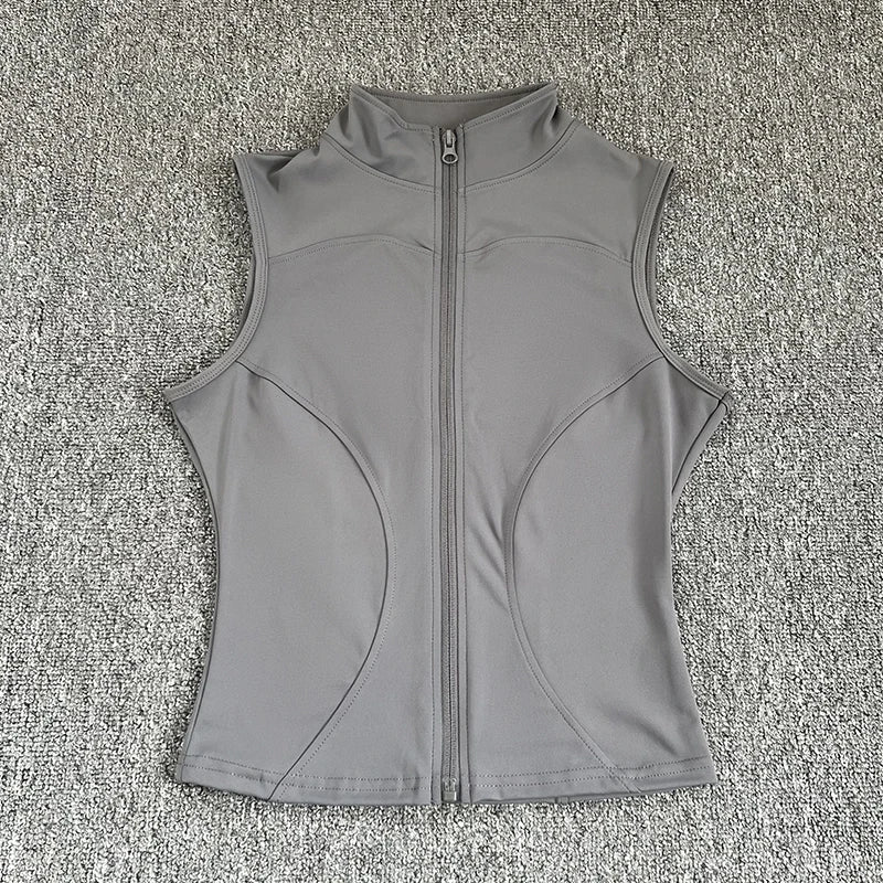 Women's Slim Fit Sport Sleeveless Top Quick Dry Elastic Stand Collar Yoga Fitness Clothing Summer Zipper