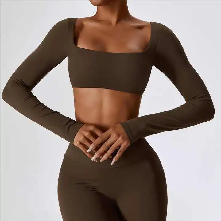 SHINBENE High Elastic Fitness Crop Top Women Long Sleeve Square Neck Top Padded Workout Yoga Tight Tops 5.0 (3 reviews) 1 sold