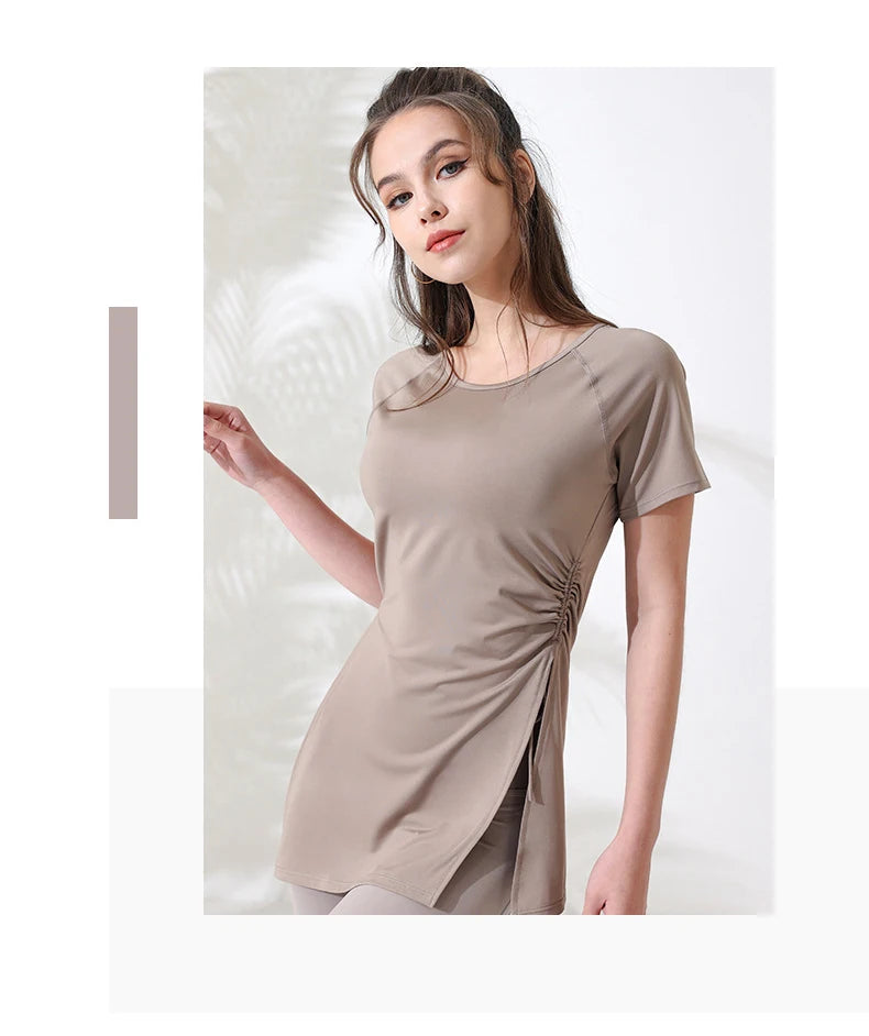 Women Workout Shirts Short Sleeve Yoga Top Gym Long Shirts Side Drawstring Split Sports Top Female Breathable Fitness Yoga Wear