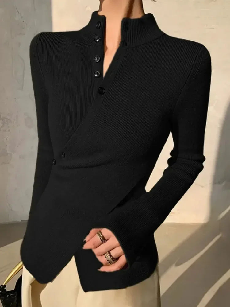 Gymystars V-neck Sweater Women's Skinny Knitted T-shirt 2025 New Solid Color Asymmetric Long Sleeves Elegant Pullovers Female
