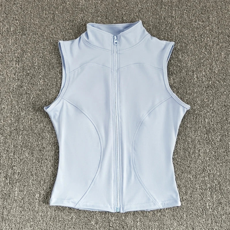 Women's Slim Fit Sport Sleeveless Top Quick Dry Elastic Stand Collar Yoga Fitness Clothing Summer Zipper