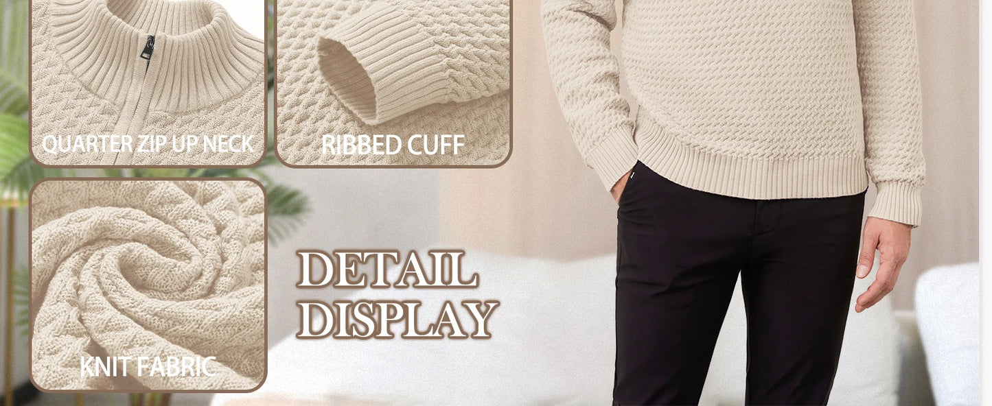 Men's Sweater Winter Casual Knitted Zip Sweater Mock Neck Pullover Ribbed Knit Casual Pure Color Soft Sweaters US Size
