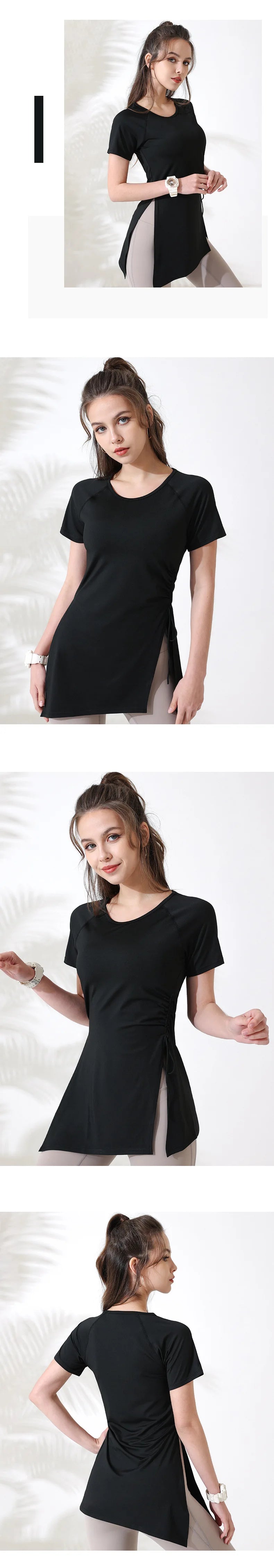 Women Workout Shirts Short Sleeve Yoga Top Gym Long Shirts Side Drawstring Split Sports Top Female Breathable Fitness Yoga Wear