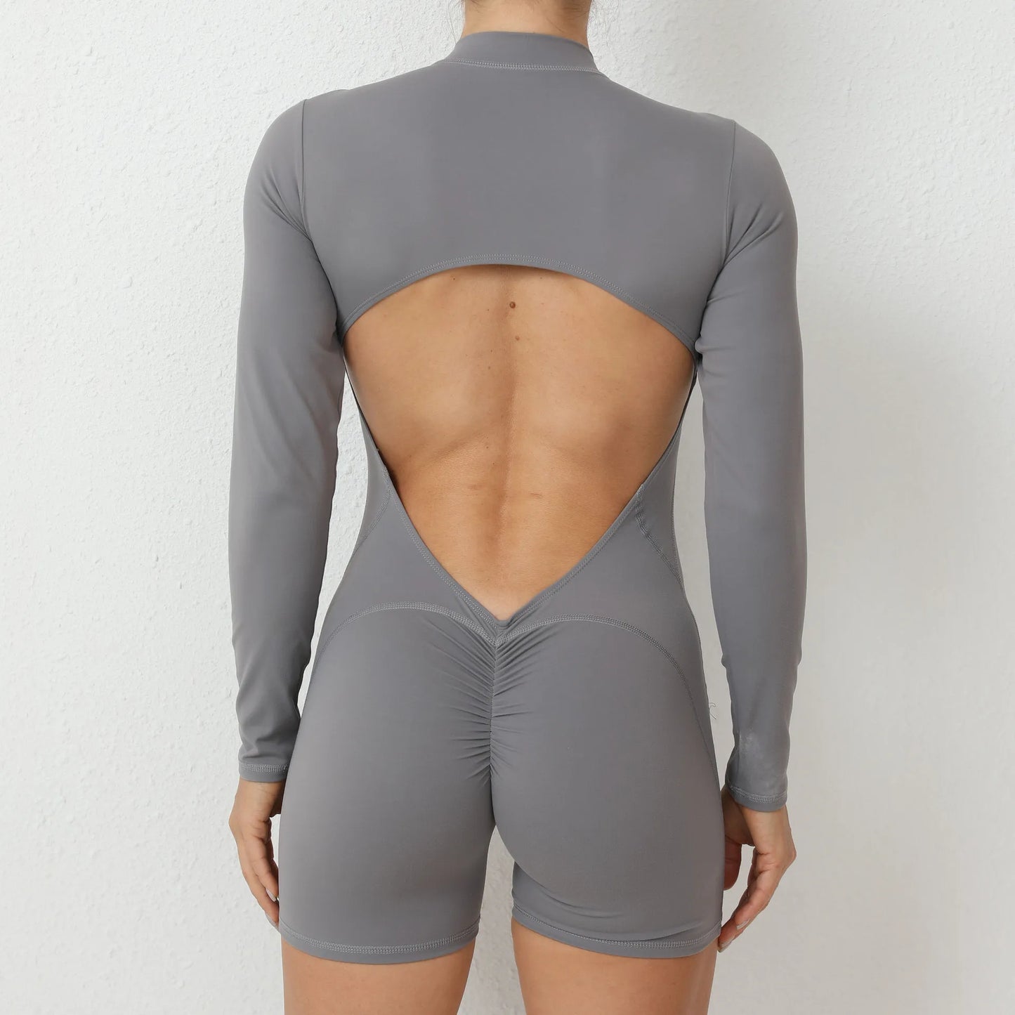 V Back Scrunch One-Piece Suit Push Up Sports Jumpsuit Woman Fitness Zipper Overalls Workout Rompers Women Gym Bodysuits Female