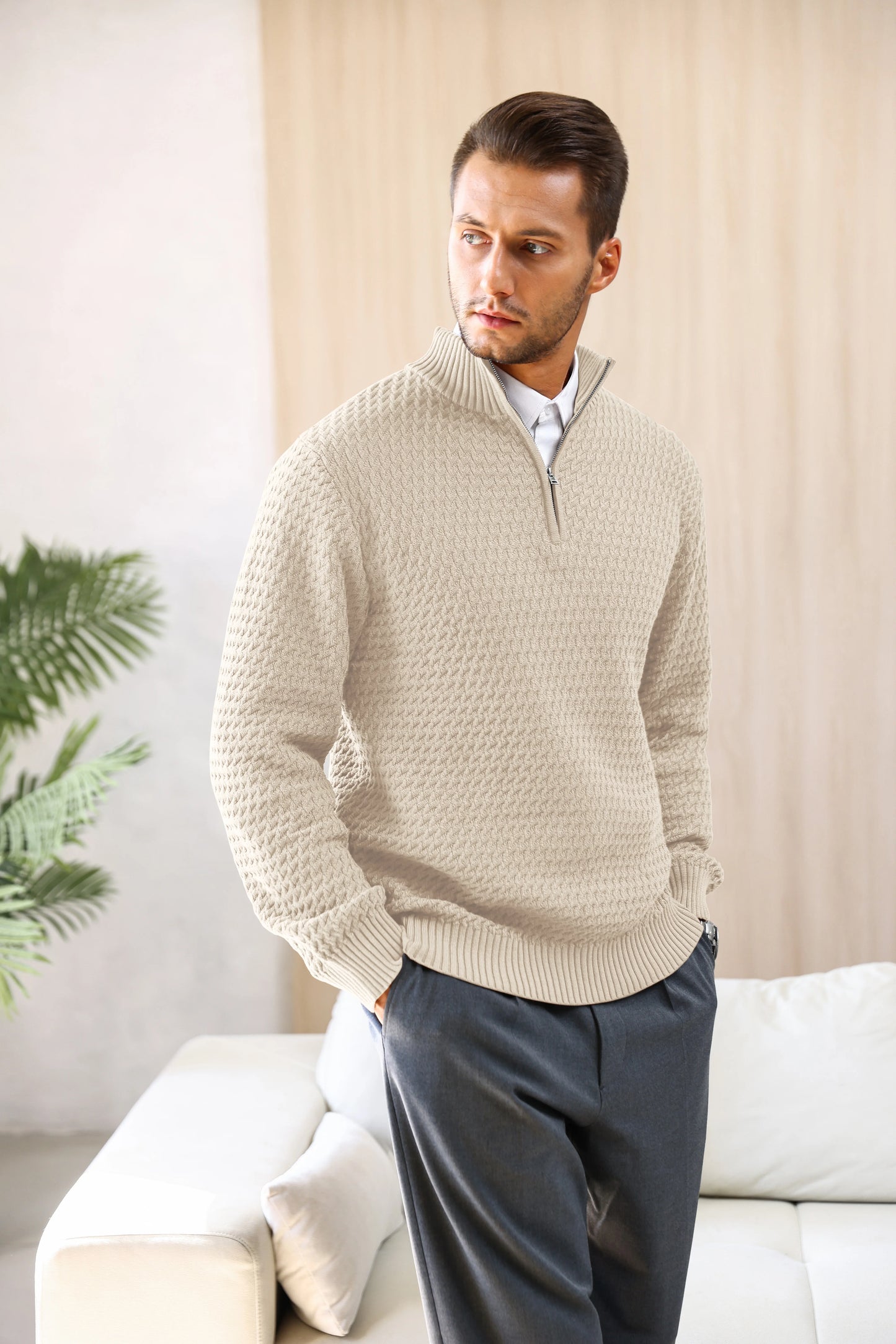 Men's Sweater Winter Casual Knitted Zip Sweater Mock Neck Pullover Ribbed Knit Casual Pure Color Soft Sweaters US Size
