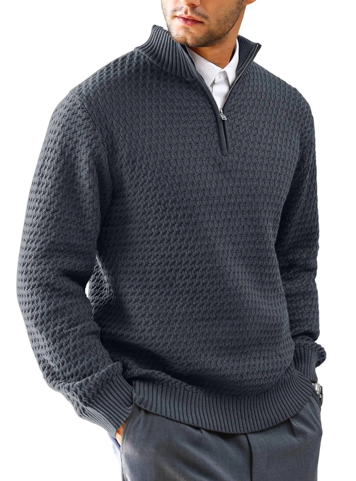 Men's Sweater Winter Casual Knitted Zip Sweater Mock Neck Pullover Ribbed Knit Casual Pure Color Soft Sweaters US Size