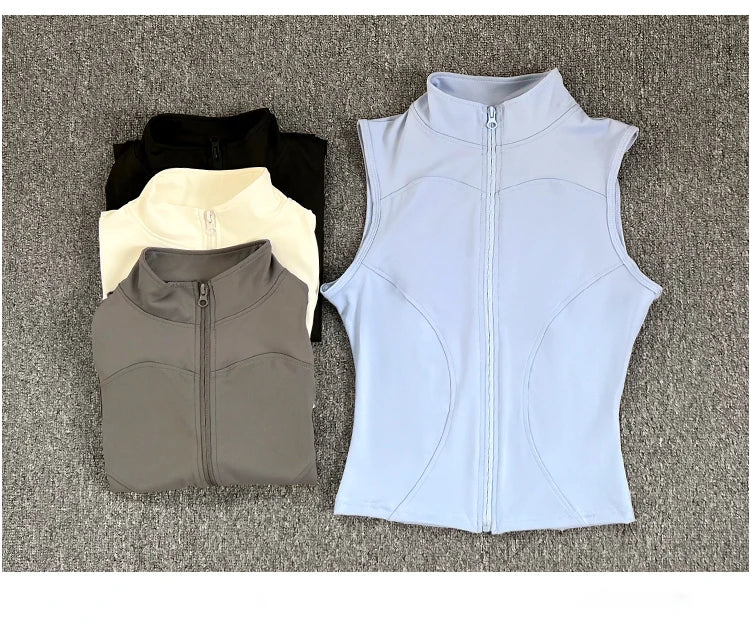 Women's Slim Fit Sport Sleeveless Top Quick Dry Elastic Stand Collar Yoga Fitness Clothing Summer Zipper
