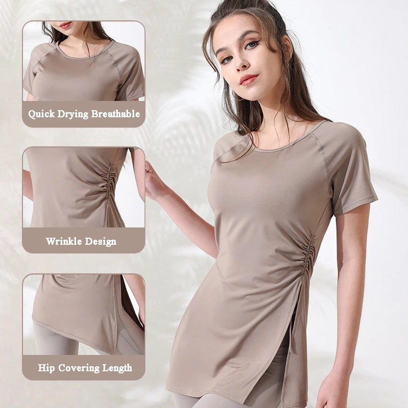Women Workout Shirts Short Sleeve Yoga Top Gym Long Shirts Side Drawstring Split Sports Top Female Breathable Fitness Yoga Wear