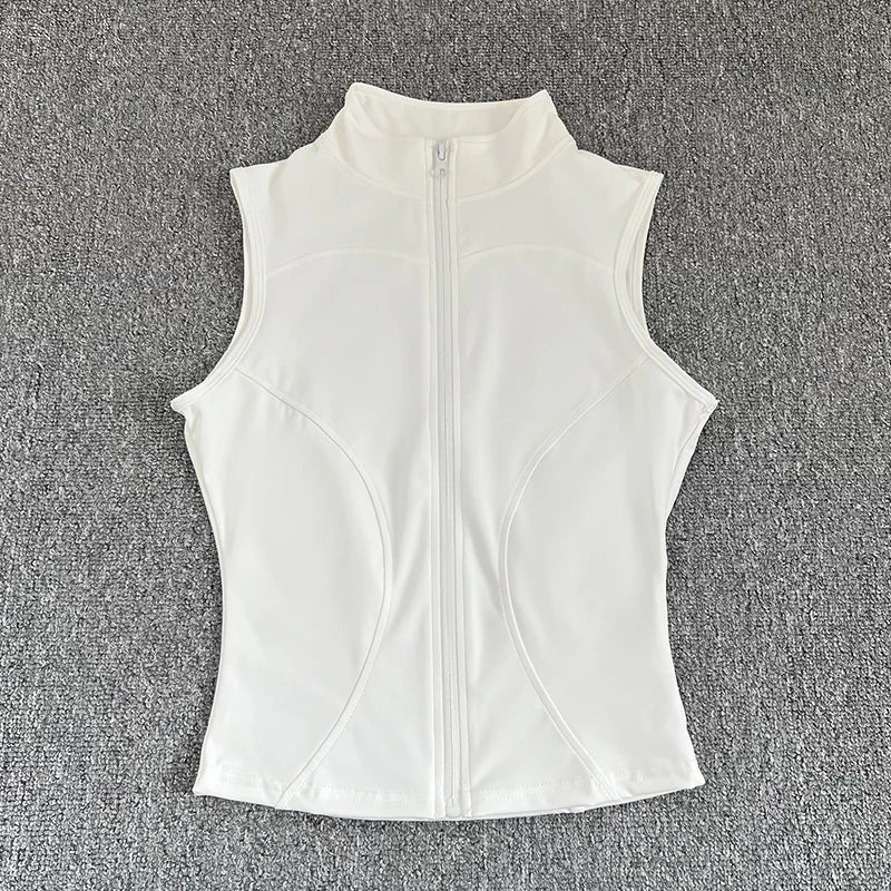 Women's Slim Fit Sport Sleeveless Top Quick Dry Elastic Stand Collar Yoga Fitness Clothing Summer Zipper