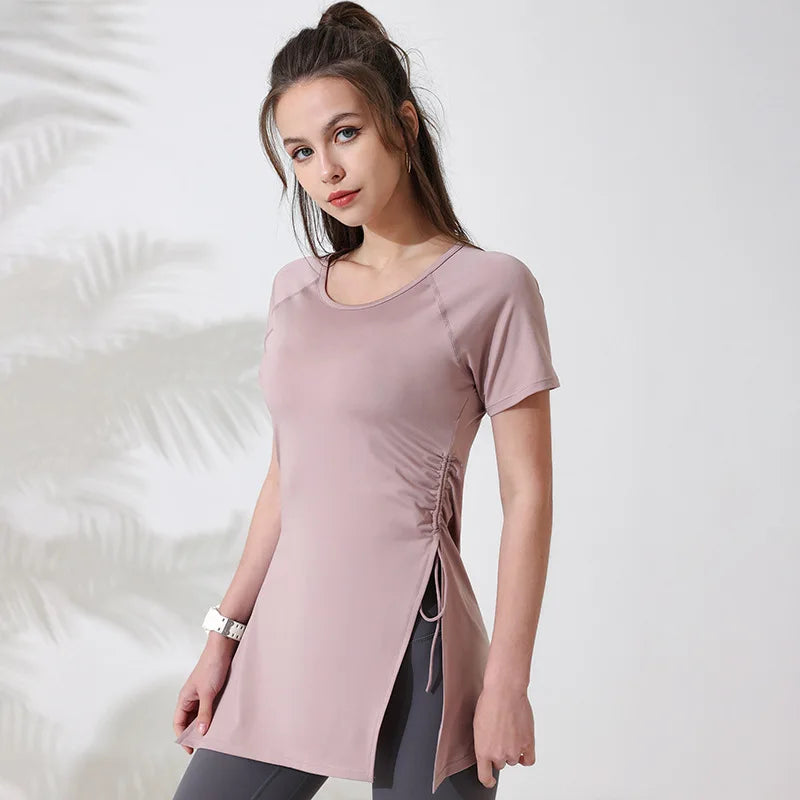 Women Workout Shirts Short Sleeve Yoga Top Gym Long Shirts Side Drawstring Split Sports Top Female Breathable Fitness Yoga Wear