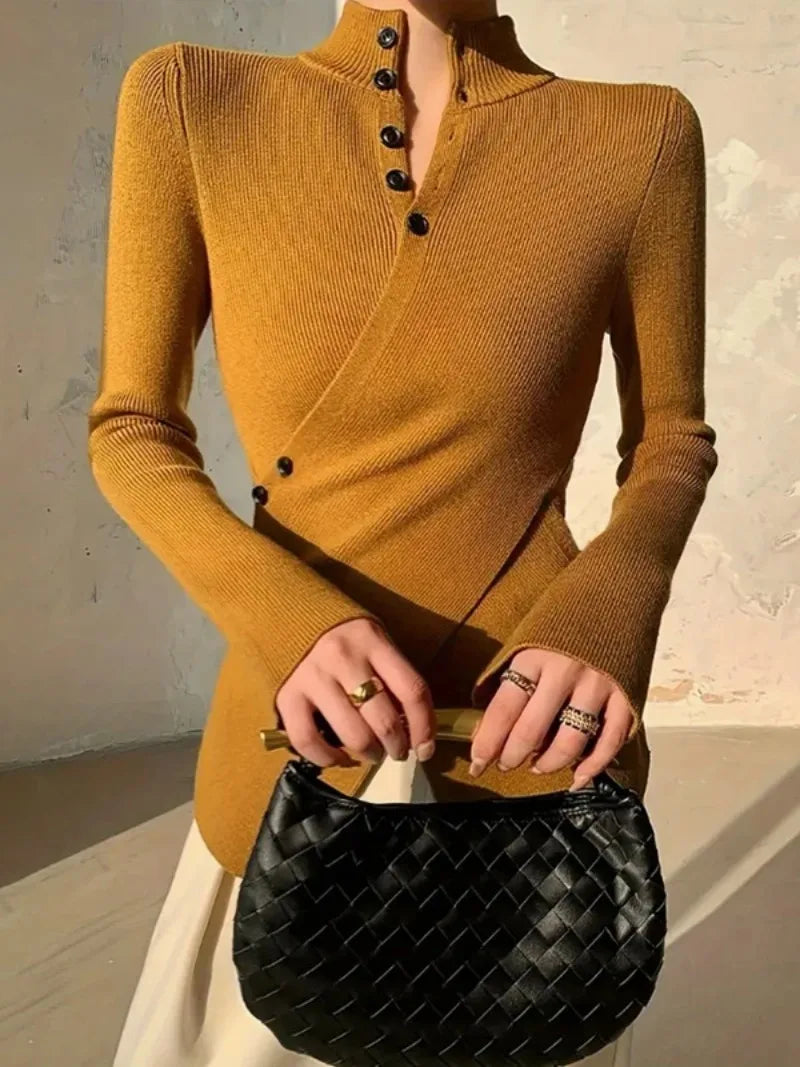 Gymystars V-neck Sweater Women's Skinny Knitted T-shirt 2025 New Solid Color Asymmetric Long Sleeves Elegant Pullovers Female
