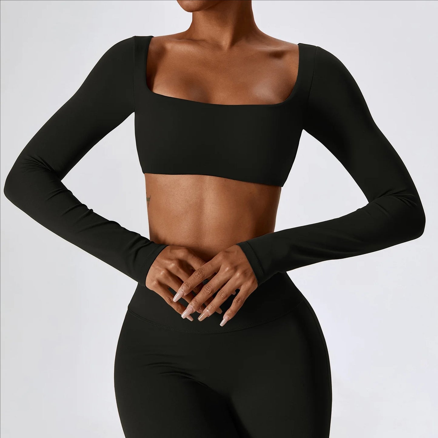 SHINBENE High Elastic Fitness Crop Top Women Long Sleeve Square Neck Top Padded Workout Yoga Tight Tops 5.0 (3 reviews) 1 sold