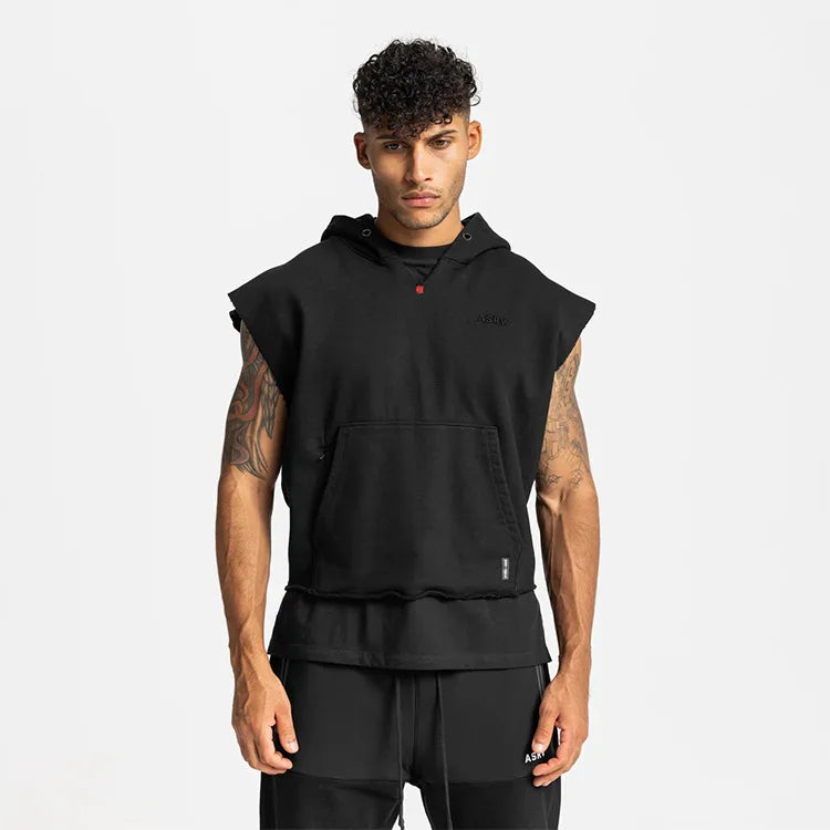 Gyms Mens Multi-pocket Bodybuilding Cotton Sleeveless Hooded Casual Biker Vest Sweatshirt Fitness Workout Sportswear Tops Male