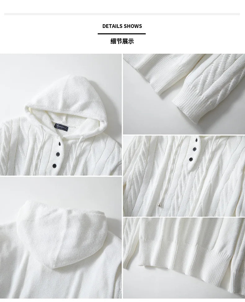 Men Sweatshirts Pullovers Sweaters Solid Casual Loose Splice Hooded Knitted Drawstring Regular Thick Warm Tops Autumn Winter