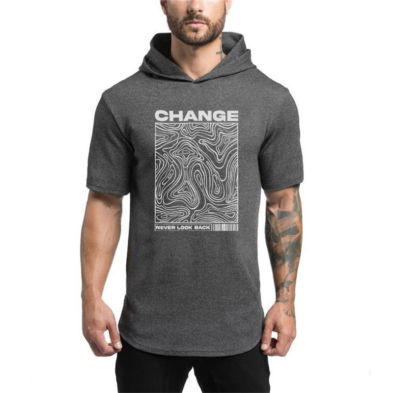 Gym Bodybuilding Fashion Hooded T-Shirt Mens Sport Short Sleeve Fitness Muscle Shirt Slim Fit Cotton Breathable Workout Hoodie