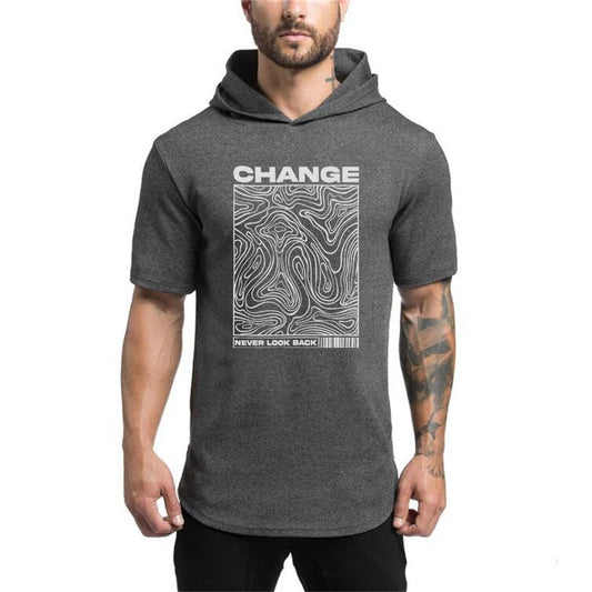 Gym Bodybuilding Fashion Hooded T-Shirt Mens Sport Short Sleeve Fitness Muscle Shirt Slim Fit Cotton Breathable Workout Hoodie