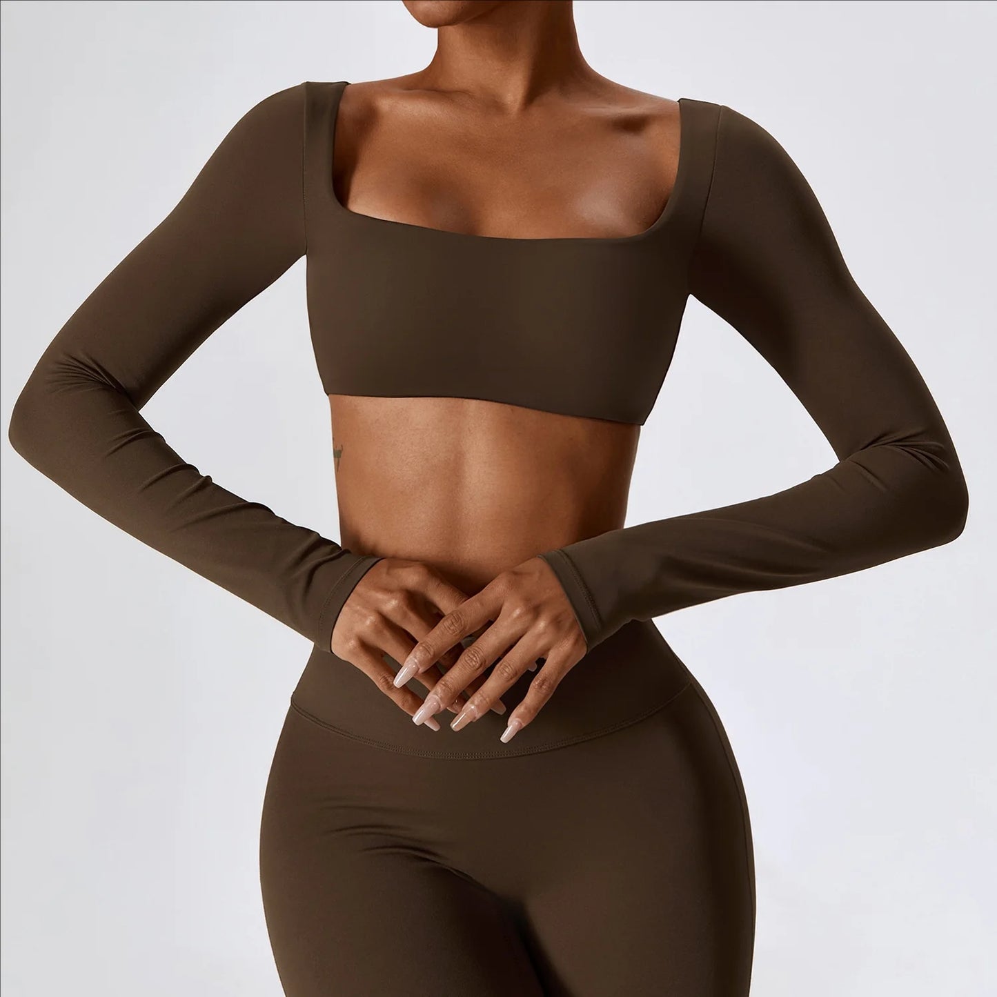 SHINBENE High Elastic Fitness Crop Top Women Long Sleeve Square Neck Top Padded Workout Yoga Tight Tops 5.0 (3 reviews) 1 sold