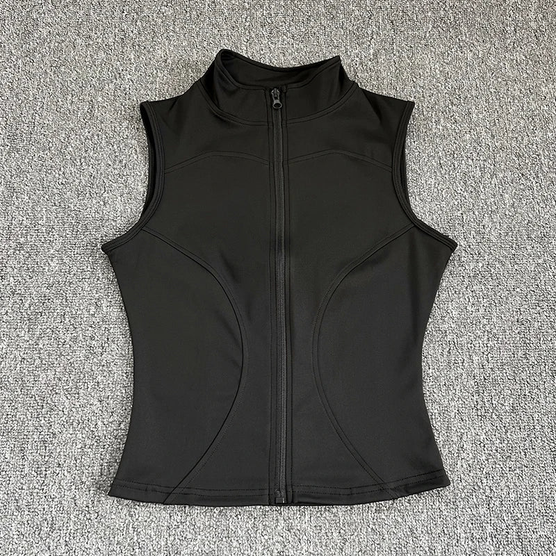 Women's Slim Fit Sport Sleeveless Top Quick Dry Elastic Stand Collar Yoga Fitness Clothing Summer Zipper