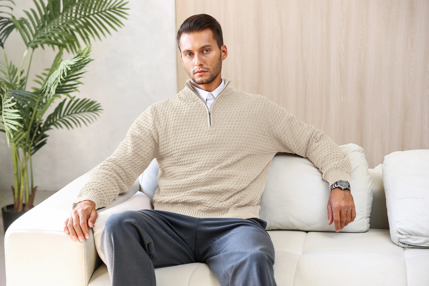 Men's Sweater Winter Casual Knitted Zip Sweater Mock Neck Pullover Ribbed Knit Casual Pure Color Soft Sweaters US Size