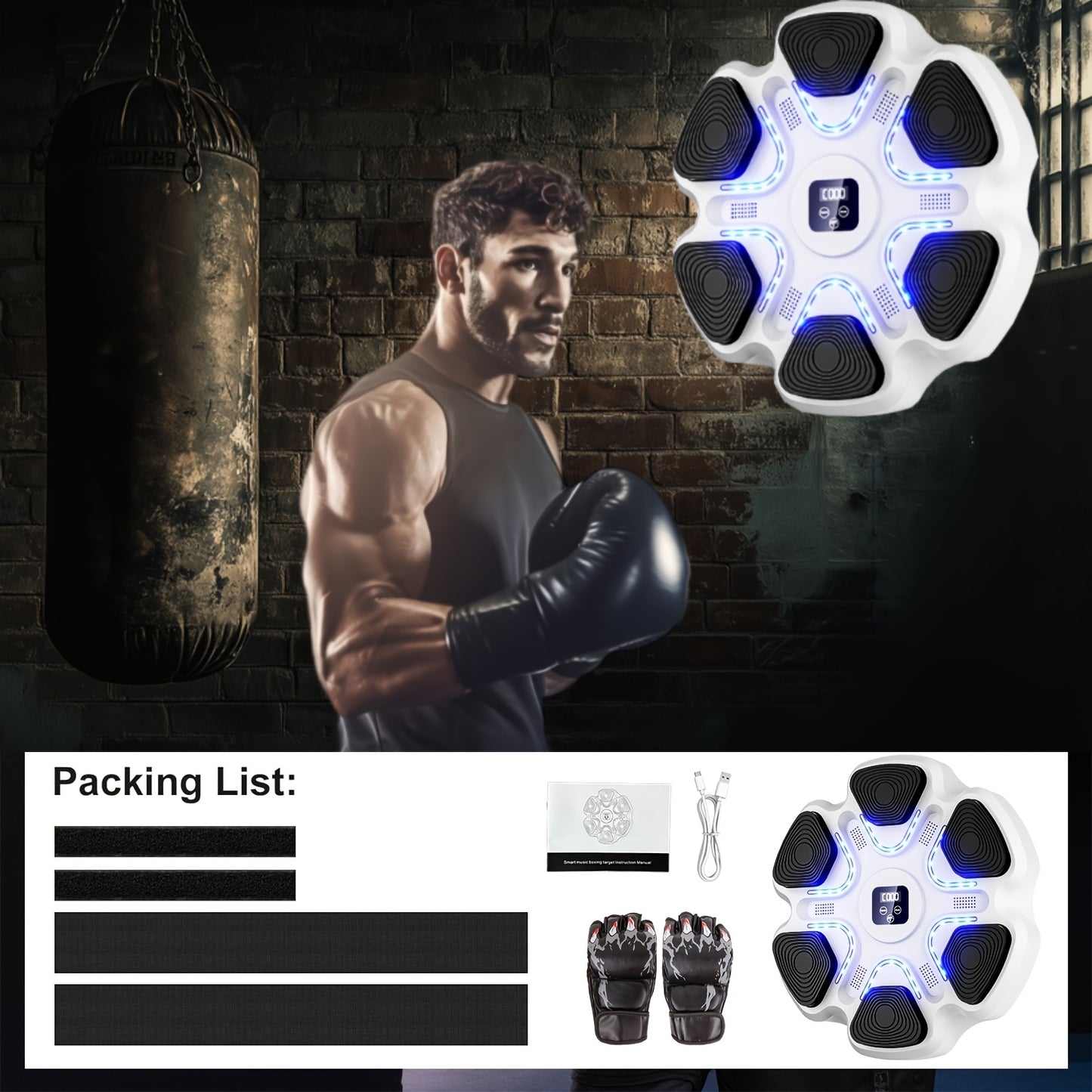 Wall-Mounted Music Boxing Trainer with LED Lights & Gloves – Adjustable Home Gym Equipment for Adults, Family Fitness, and Relax